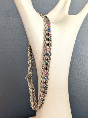 Vintage delicate sterling bracelet w/pink, red, purple, green & blue stones